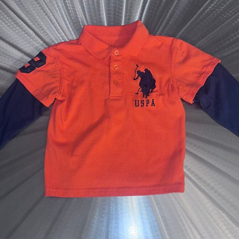 U.S. Polo Association Boys Orange Navy Long Sleeve Collared Shirt - Size: 4